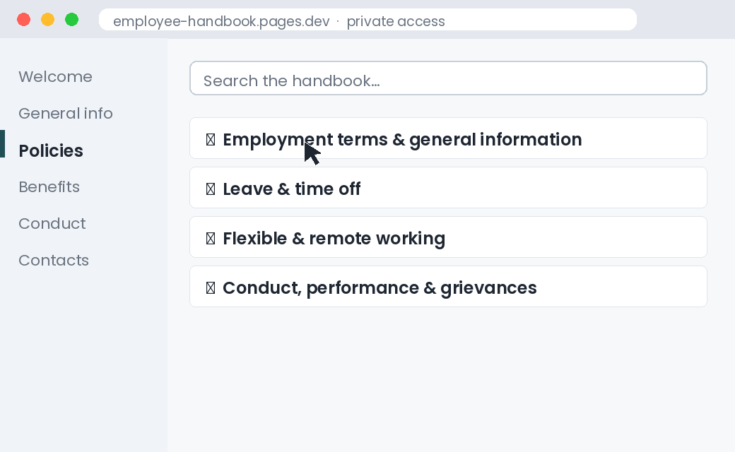 The interactive handbook in action: sections expand on click and a live search filters 33 policies instantly.